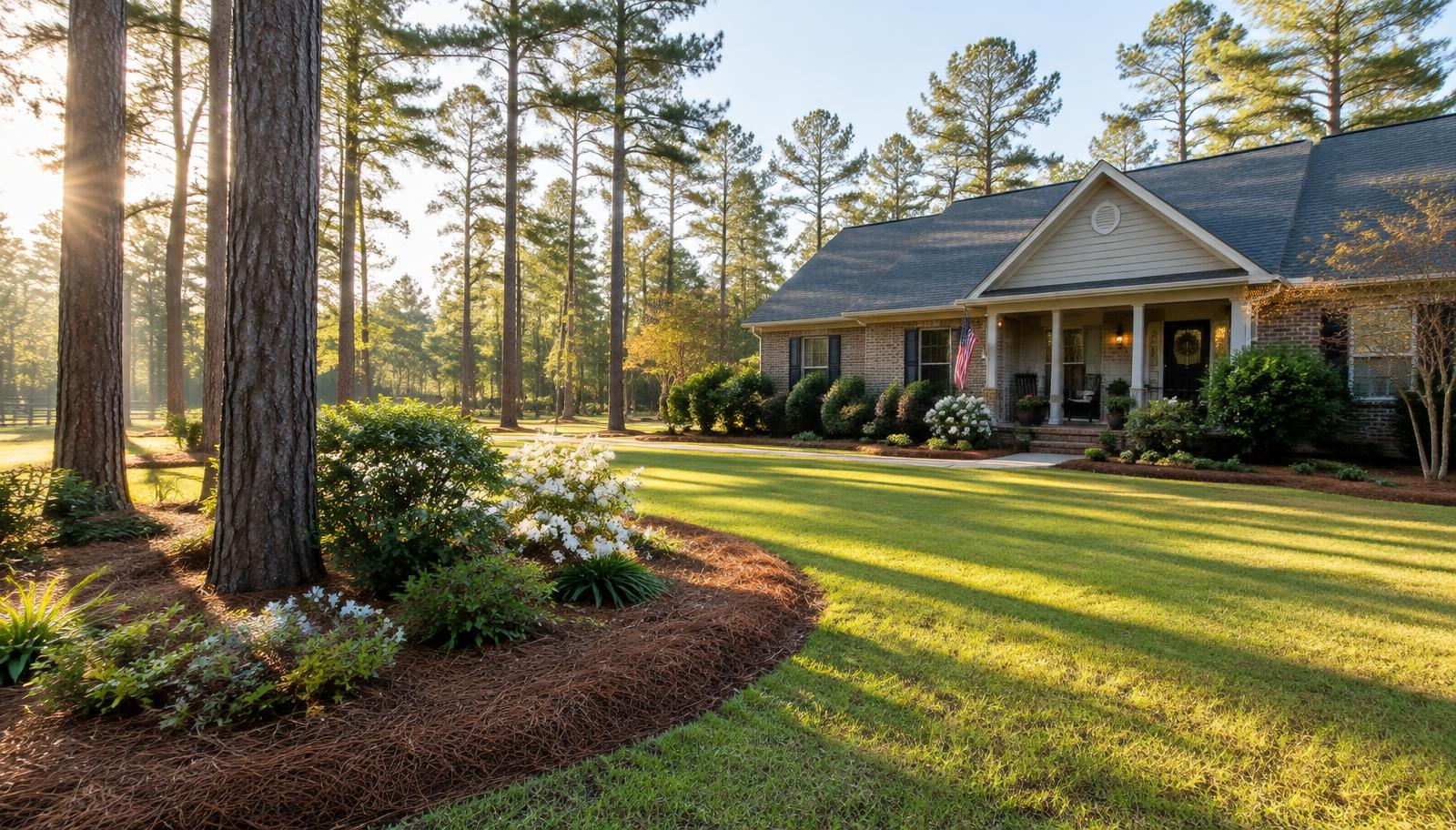 Well-kept front yard with fresh pine straw beds and tall longleaf pines